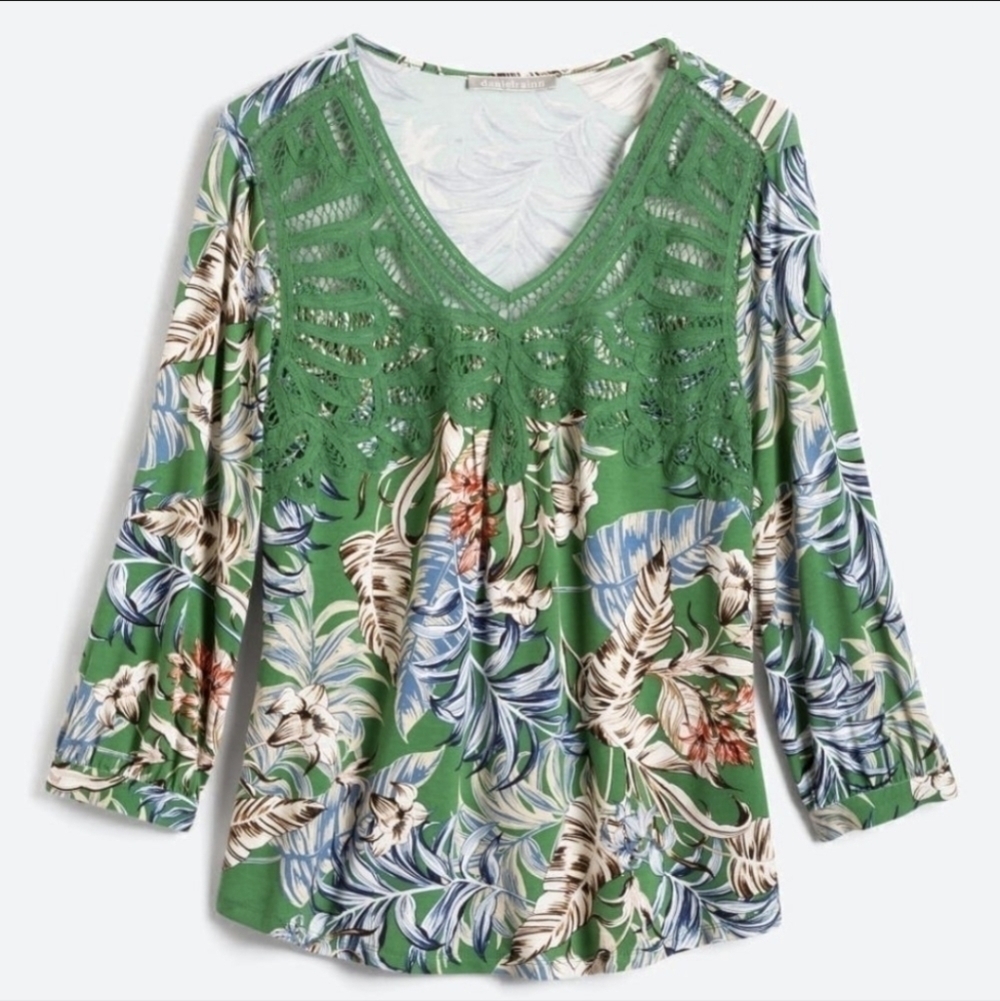 Daniel Rainn Boho Green Lace Tropical Floral Crochet L EUC